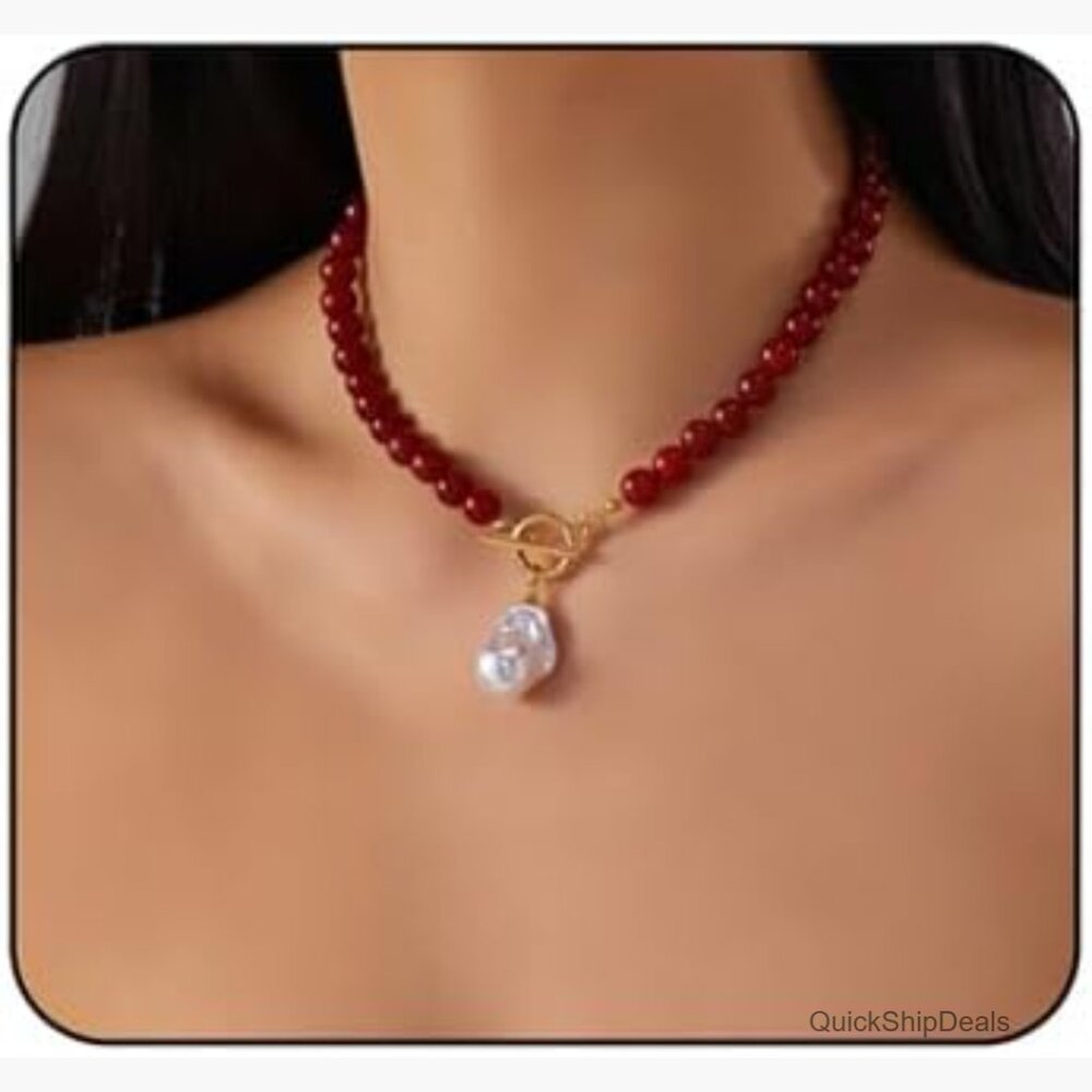 Irregular Pearl Pendant Necklace with Red Crystal Beads and Toggle Clasp